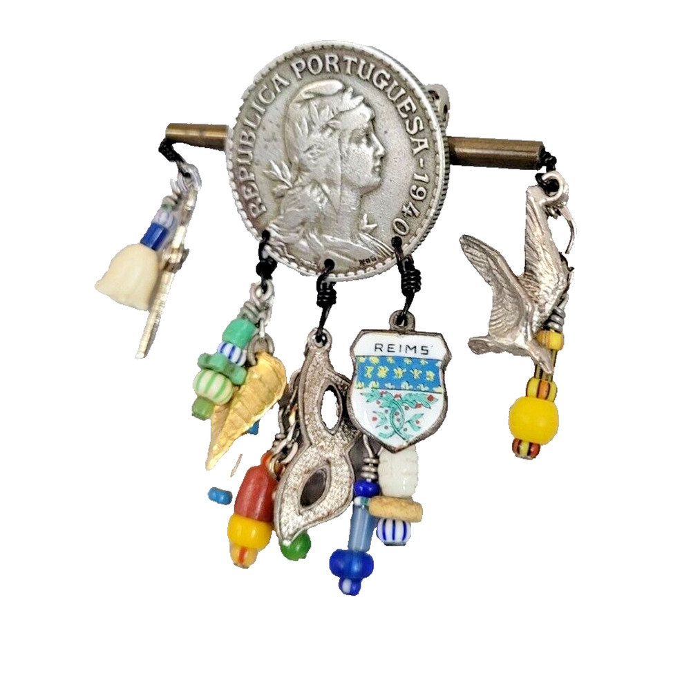 Vtg 1991 Dangle Portuguese Coin Dangle Charm BROOCH Lum Pennington Money Pin